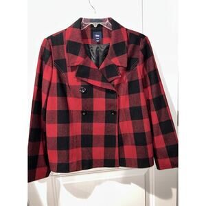 Gap Wool Blend Red Buffalo Plaid Pea Coat Women's Size XL Y2K Collared Lined